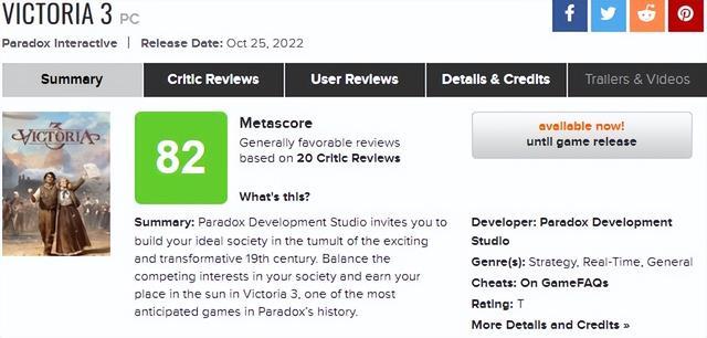 《维多利亚3》M站均分82 一个底蕴深厚的模拟游戏
