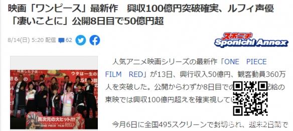 海贼王《FILM RED》票房已突破50亿日元 观影人数破百万